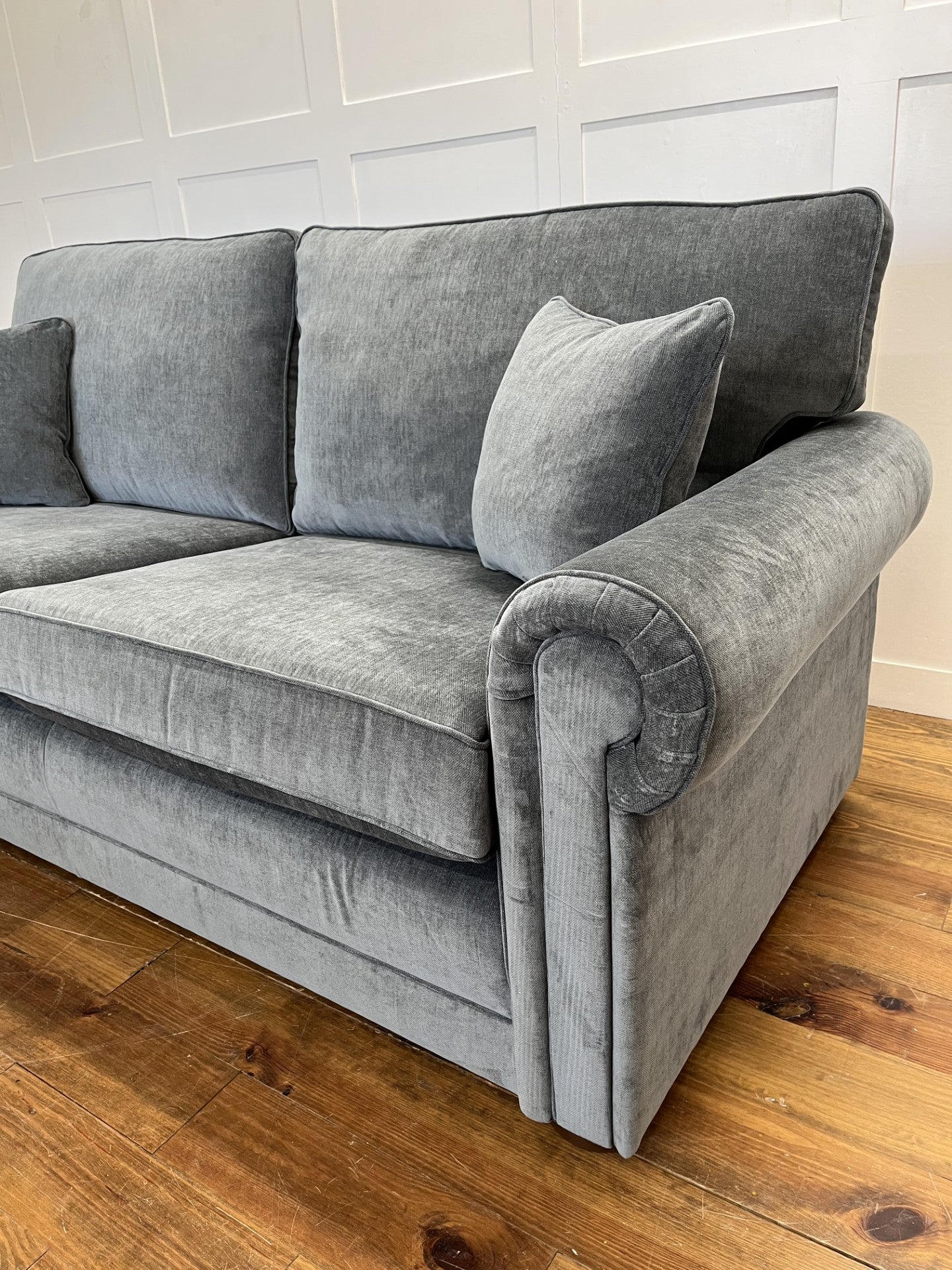 Capella Sofa – Grey Velvet 3-Seater with Scrolled Arms